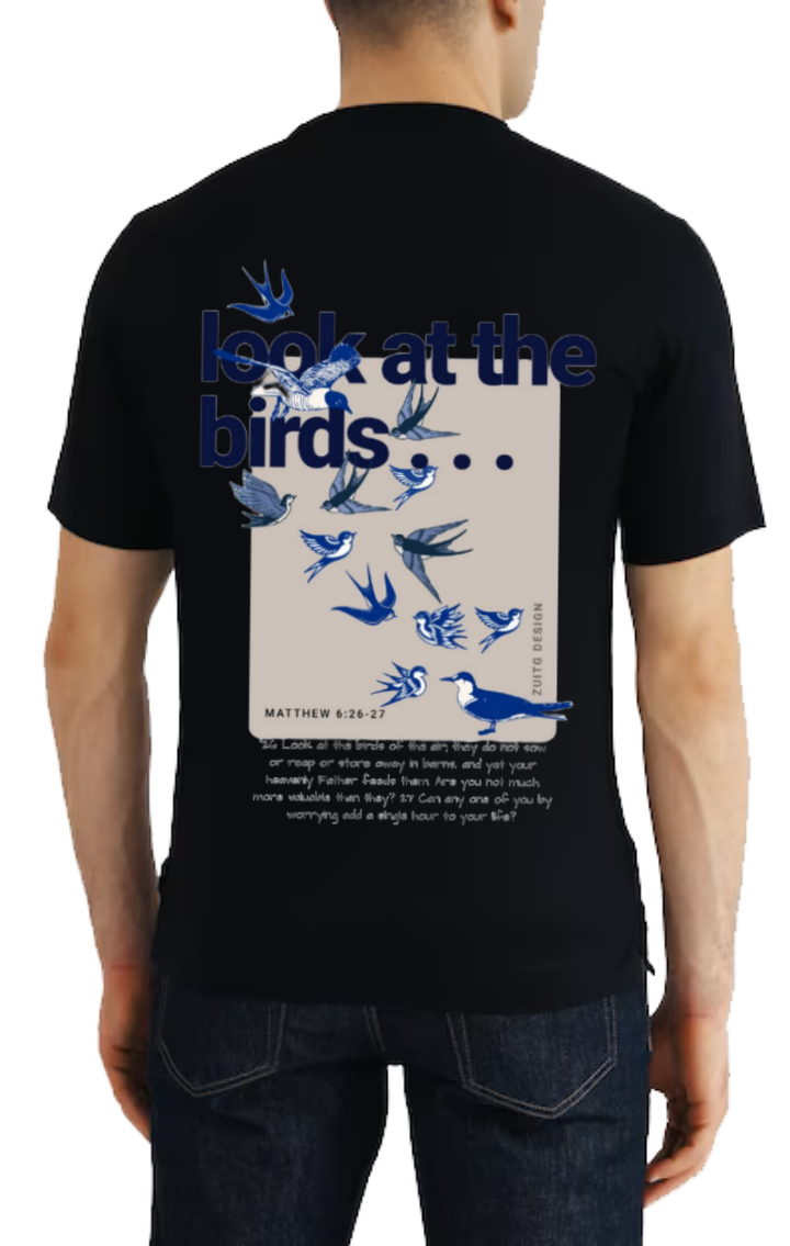 look at the birdslook at the birds t- shirt One Size Black back 14