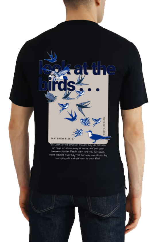 look at the birdslook at the birds t- shirt One Size Black back 14