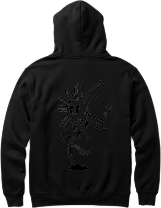 A cartoon flower on the  One Size hoodie Black Back 14