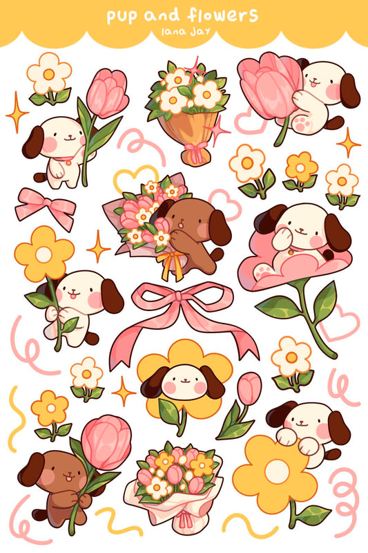 Cute Puppy and Flowers Stickers Pack - Kawaii Dog, Tulip, Floral Bouquet, and Aesthetic Vinyl Decals for Water Bottles, Laptops, Journals, Scrapbook, and Phone