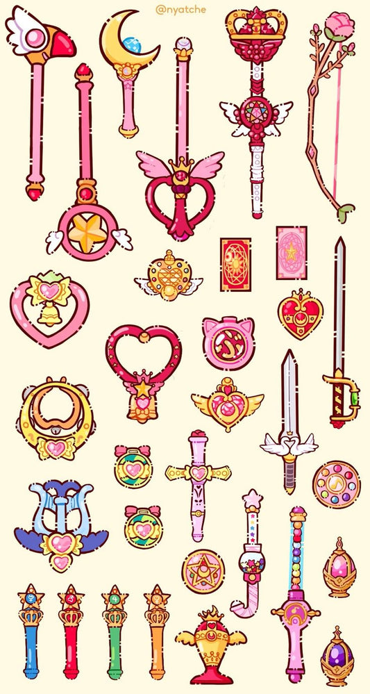 Magical Girl Anime Wands Stickers Pack - Cute Sailor Moon, Cardcaptor Sakura, Wands, Swords, and Kawaii Vinyl Decals for Water Bottles, Laptops, Journals, Scrapbook, and Phone