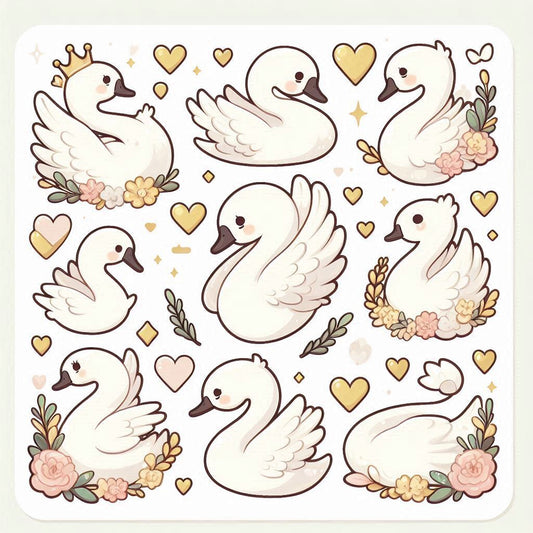 Cute Swan Stickers Pack - Kawaii White Swan, Crown, Floral, and Aesthetic Vinyl Decals for Water Bottles, Laptops, Journals, Scrapbook, and Phone