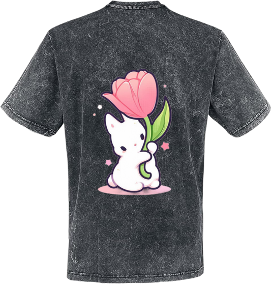 rabbit holding a tulip t- shirt One Size Washed Back 14