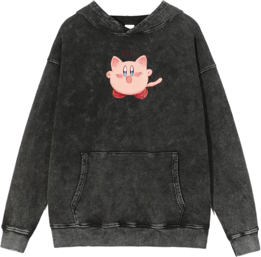 Cute Pink Anime Kirby Character Graphic Vintage Washed Hoodie for Women and Men, Kawaii Cartoon Dark Grey Pullover Sweatshirt 15