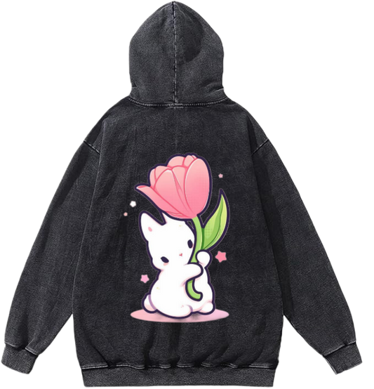 cute rabbit holding a flower One Size hoodie Washed Back 14