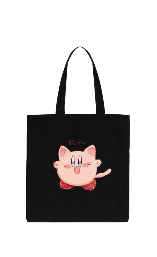 Kawaii Cute Kirby Black Canvas Tote Bag, Aesthetic Anime Character Reusable Shopping Bag, Large Grocery Bag, Book Tote for Women and Girls 15