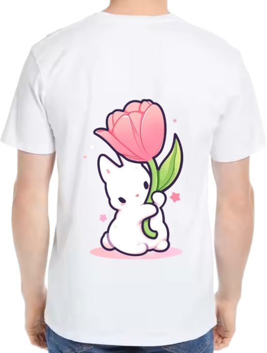 rabbit holding a tulip t- shirt One Size White back 14