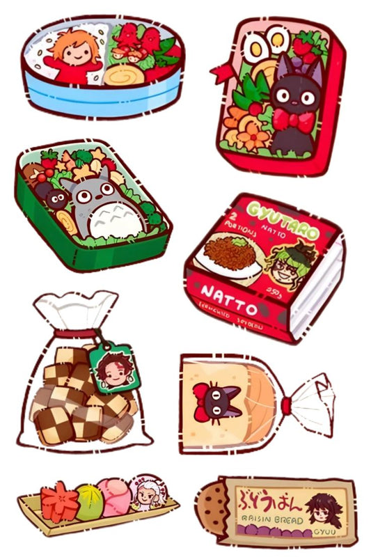 Anime Bento and Food Stickers Pack - Cute Totoro, Demon Slayer, Japanese Lunch Box, and Kawaii Vinyl Decals for Water Bottles, Laptops, Journals, Scrapbook, and Phone