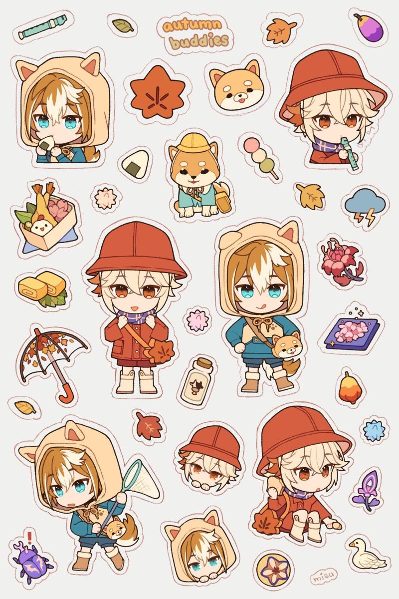 Autumn Anime Stickers Pack - Cute Chibi Character, Shiba Inu Dog, Fall Leaves, and Kawaii Vinyl Decals for Water Bottles, Laptops, Journals, Scrapbook, and Phone
