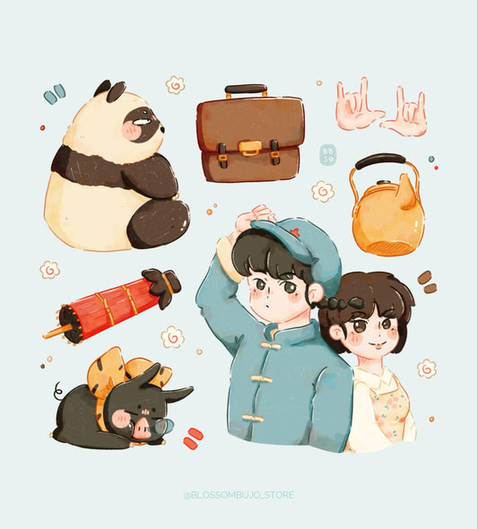 Cute Vintage Asian Style Stickers Pack - Kawaii Character, Panda, Pig, and Aesthetic Vinyl Decals for Water Bottles, Laptops, Journals, Scrapbook, and Phone