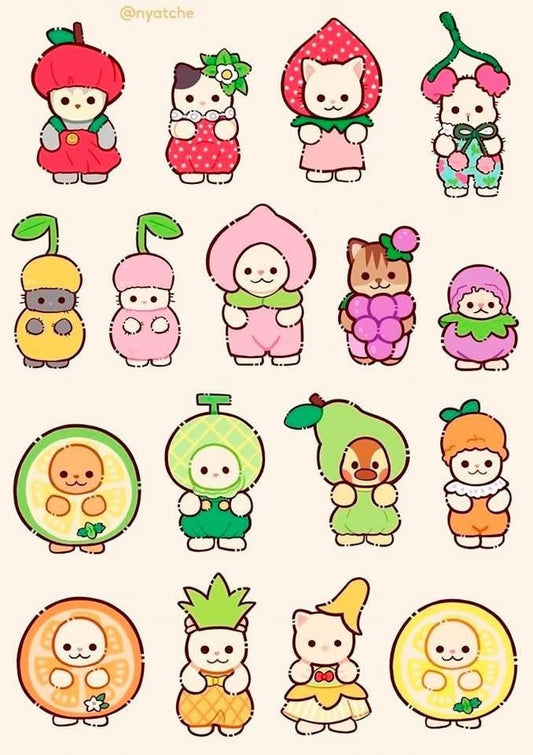Cute Fruit Costume Animals Stickers Pack - Kawaii Cat, Bunny, Bear, and Fruit Vinyl Decals for Water Bottles, Laptops, Journals, Scrapbook, and Phone