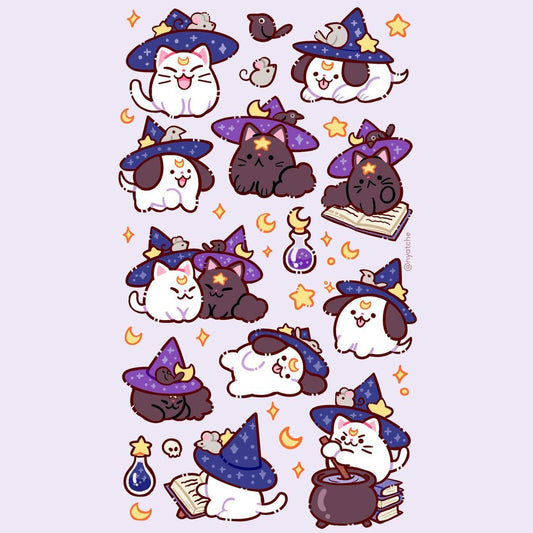 Cute Witch Cat Stickers Pack - Kawaii Magical Kitten, Puppy, Wizard Hat, and Fantasy Vinyl Decals for Water Bottles, Laptops, Journals, Scrapbook, and Phone