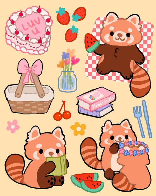 Cute Red Panda Stickers Pack - Kawaii Picnic, Animal, Aesthetic Floral, and Vinyl Decals for Water Bottles, Laptops, Journals, Scrapbook, and Phone