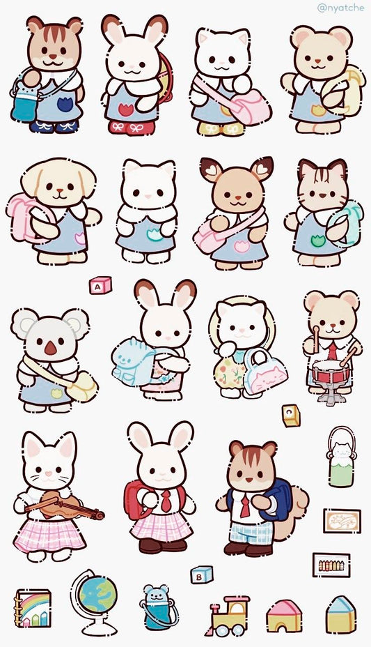 Cute School Animals Stickers Pack - Kawaii Bunny, Cat, Bear, and School Uniform Vinyl Decals for Water Bottles, Laptops, Journals, Scrapbook, and Phone