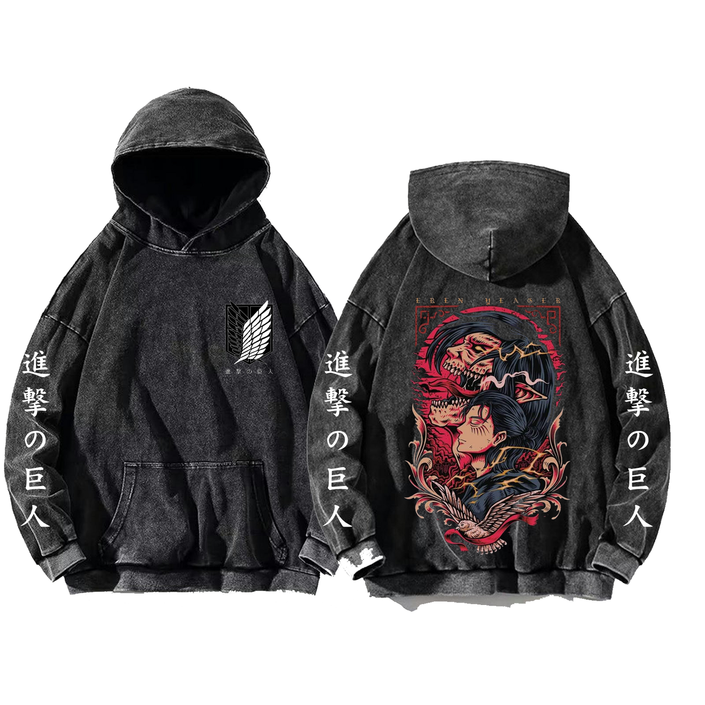 Anime Attack on titan shingeki no kyojin eren levi mikasa Aot Oversize Wash Hoodie gray 16