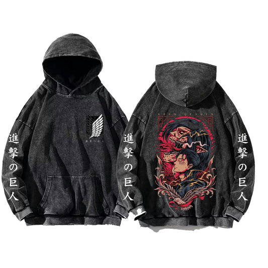 Anime Attack on titan shingeki no kyojin eren levi mikasa Aot Oversize Wash Hoodie gray 16