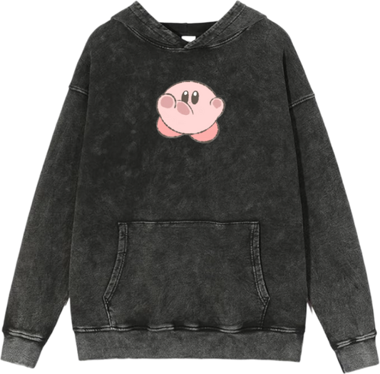 Cute Pink Anime Kirby Character Graphic Vintage Washed Hoodie for Women and Men, Kawaii Cartoon Dark Grey Pullover Sweatshirt 16