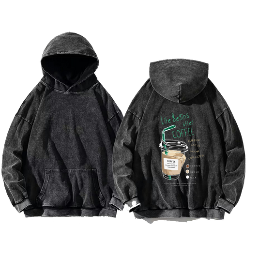 Life Begins after COFFEE Back text oversize hoodie Washed back 16