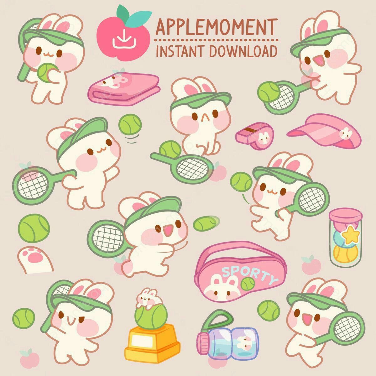 Cute Tennis Bunny Stickers Pack - Kawaii Sports, Rabbit, Aesthetic Tennis Racket, and Vinyl Decals for Water Bottles, Laptops, Journals, Scrapbook, and Phone