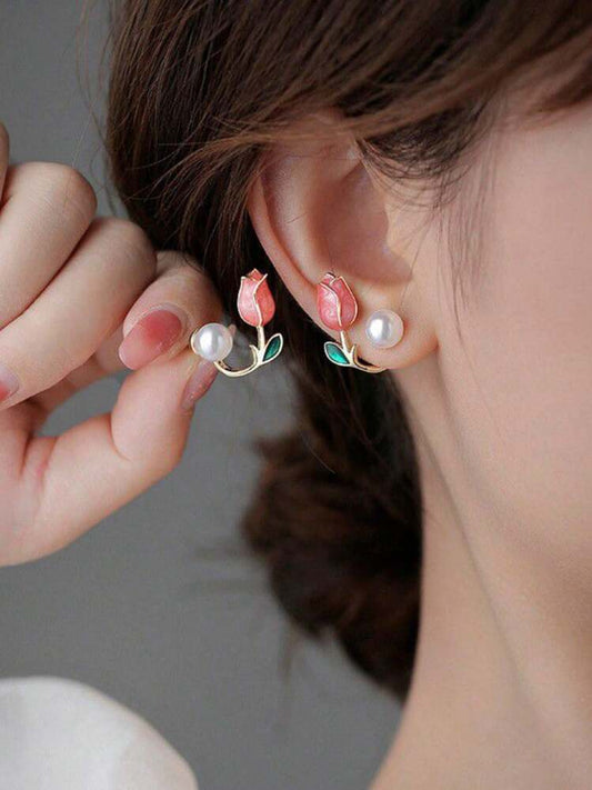 Gold Pink Tulip Ear Jacket Earrings for Women, Cute Enamel Flower Pearl Drop Earrings, Dainty Coquette Cottagecore Aesthetic Floral Jewelry Gift