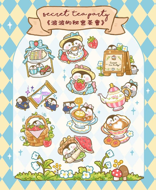 Cute Penguin Tea Party Stickers Pack - Kawaii Animal, Secret Tea Party, Strawberry, and Vinyl Decals for Water Bottles, Laptops, Journals, Scrapbook, and Phone