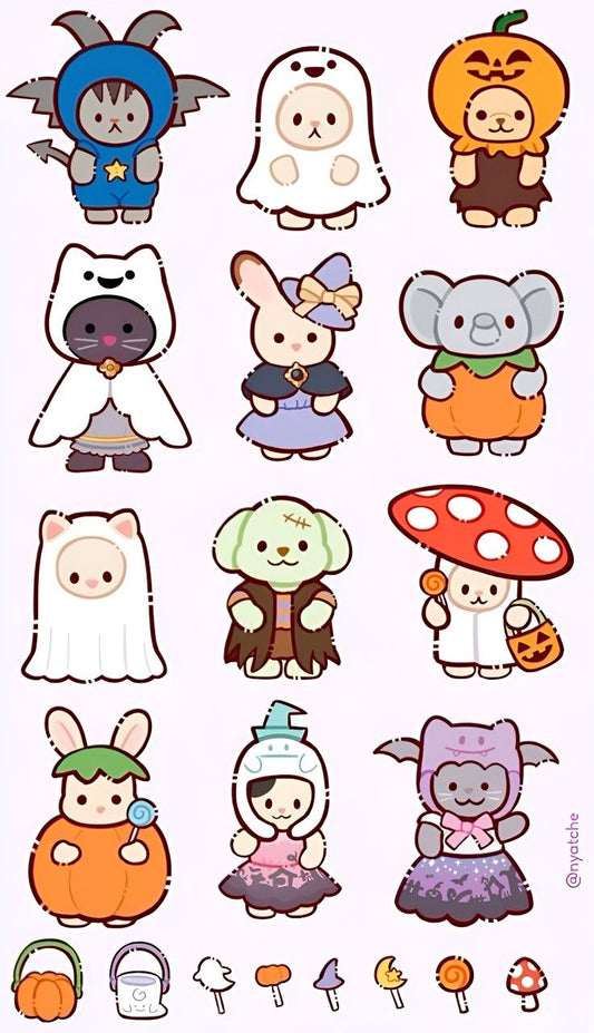 Cute Halloween Animal Stickers Pack - Kawaii Ghost, Pumpkin, Bat Costume, and Vinyl Decals for Water Bottles, Laptops, Journals, Scrapbook, and Phone