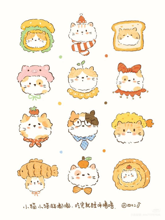 Cute Bakery Cat Stickers Pack - Kawaii Kitten, Bread, Food Costume, and Aesthetic Vinyl Decals for Water Bottles, Laptops, Journals, Scrapbook, and Phone