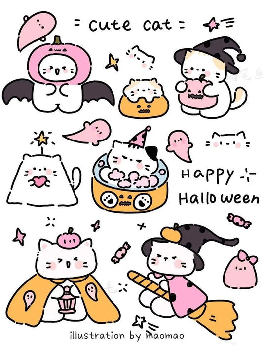 Cute Halloween Cat Stickers Pack - Kawaii Spooky Kitten, Witch Hat, Pumpkin, and Vinyl Decals for Water Bottles, Laptops, Journals, Scrapbook, and Phone