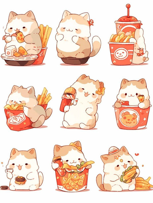 Cute Fast Food Cat Stickers Pack - Kawaii Kitten, Burger, French Fries, and Aesthetic Vinyl Decals for Water Bottles, Laptops, Journals, Scrapbook, and Phone