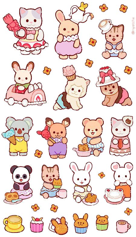 Cute Calico Critters Style Animals Stickers Pack - Kawaii Bunny, Cat, Bear, Sweet Desserts, and Vinyl Decals for Water Bottles, Laptops, Journals, Scrapbook, and Phone