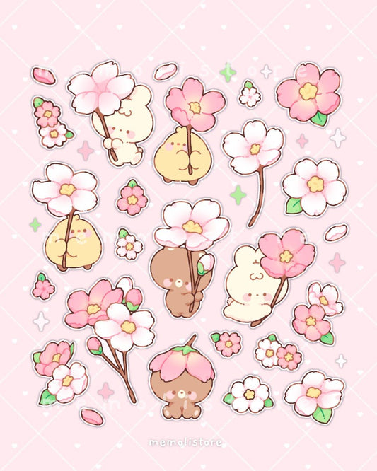 Cute Cherry Blossom Animal Stickers Pack - Kawaii Sakura, Spring Flower, Bear, Bunny, and Vinyl Decals for Water Bottles, Laptops, Journals, Scrapbook, and Phone