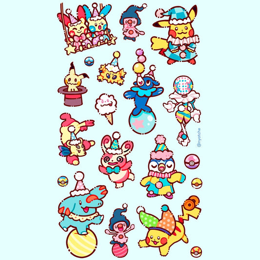 Cute Pokémon Circus Stickers Pack - Kawaii Pikachu, Carnival, Clown Costume, and Vinyl Decals for Water Bottles, Laptops, Journals, Scrapbook, and Phone