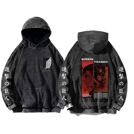 Anime Attack on titan shingeki no kyojin eren levi mikasa Aot Oversize Wash Hoodie gray 17