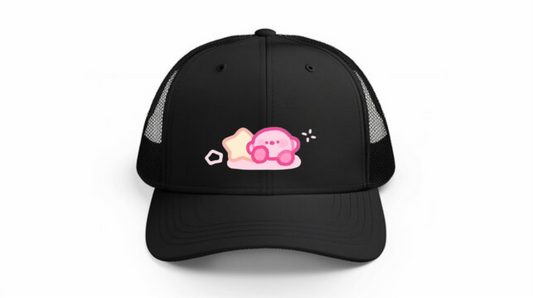 Kawaii Kirby Crown Pink Character Mesh Trucker Hat, Cute Anime Princess/King Black Baseball Cap, Adjustable Snapback for Women and Teens 17