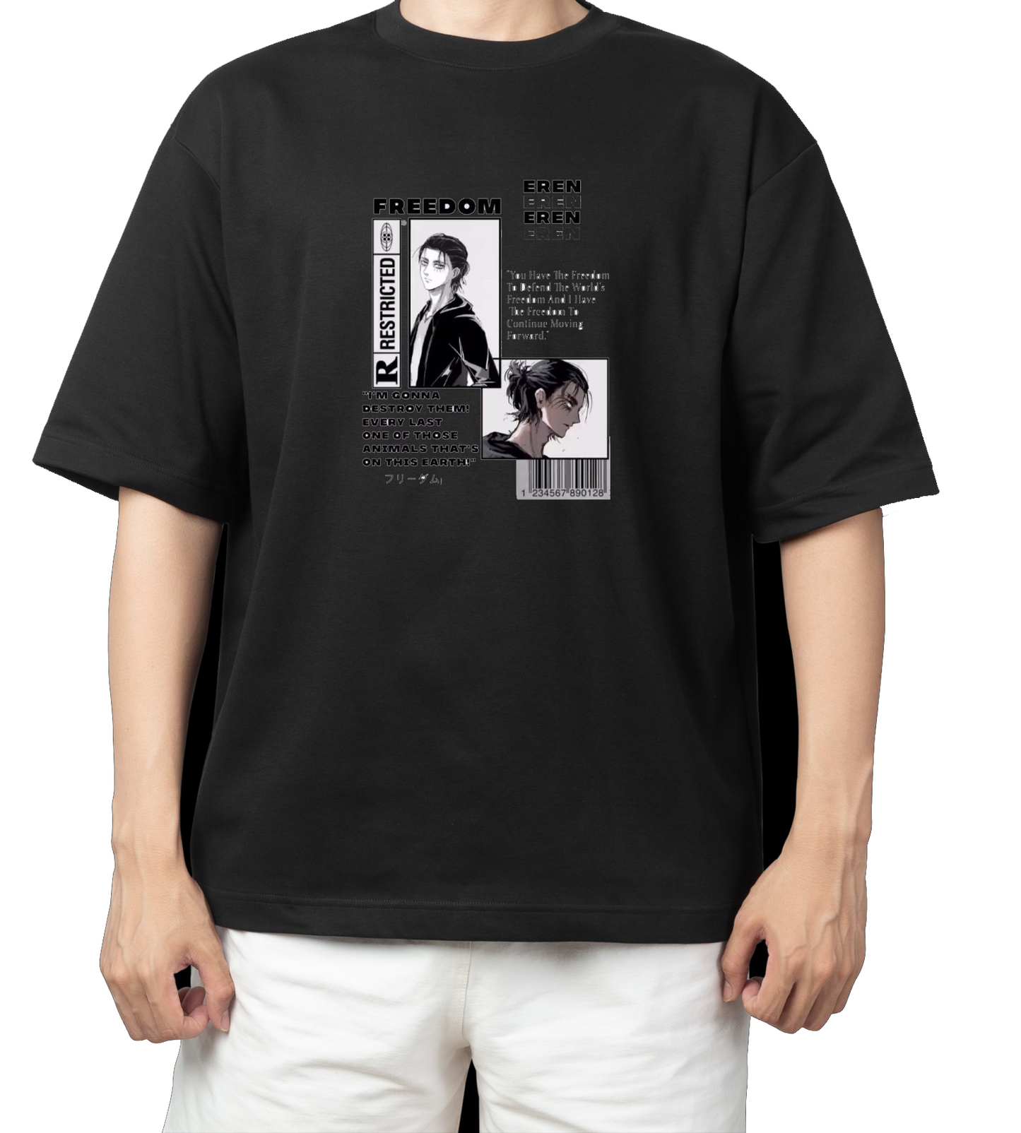Anime Attack on titan shingeki no kyojin eren levi mikasa  Aot black  Oversize  t- shirt 17