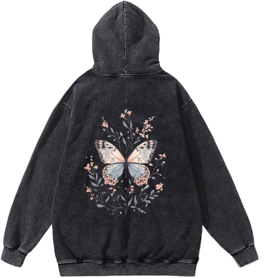 butterflies Oversize Hoodie Washed gray Back  17