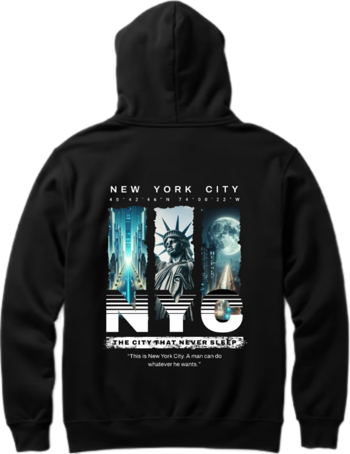 THE CITY THAT NEVER SLEEP Over Size hoodie Black Back 17