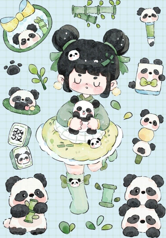 Cute Panda Girl Stickers Pack - Kawaii Green Aesthetic, Giant Panda, Bamboo, and Vinyl Decals for Water Bottles, Laptops, Journals, Scrapbook, and Phone