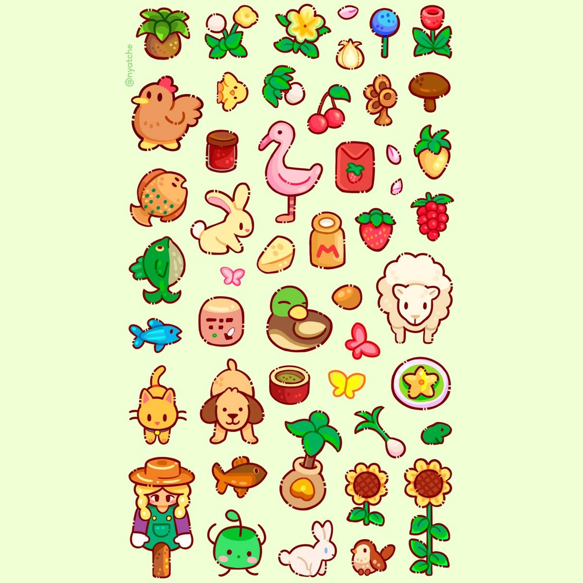 Stardew Valley Cute Farm Sticker Sheet - Kawaii Anime Vinyl Stickers Featuring Junimo, Chicken, Sheep, and Crops for Journals, Laptops, and Planners