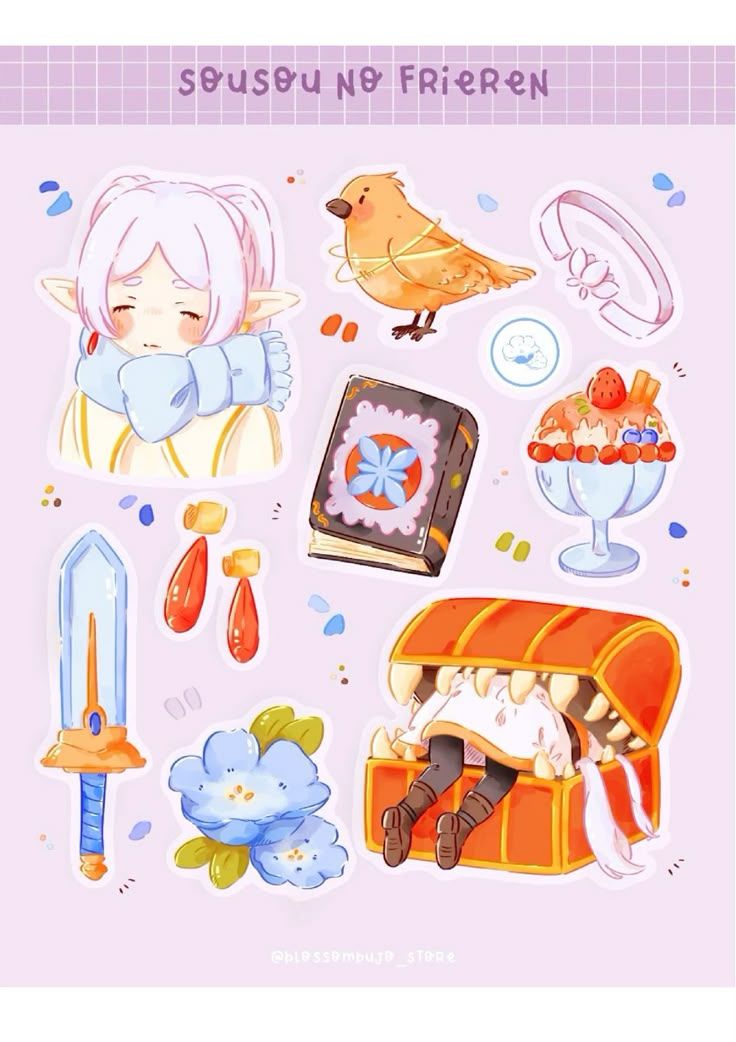 Sousou no Frieren Cute Sticker Sheet - Kawaii Anime Chibi Frieren Aesthetic Vinyl Stickers for Laptops, Journals, and Scrapbooking
