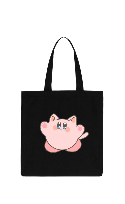 Kawaii Cute Kirby Black Canvas Tote Bag, Aesthetic Anime Character Reusable Shopping Bag, Large Grocery Bag, Book Tote for Women and Girls 18