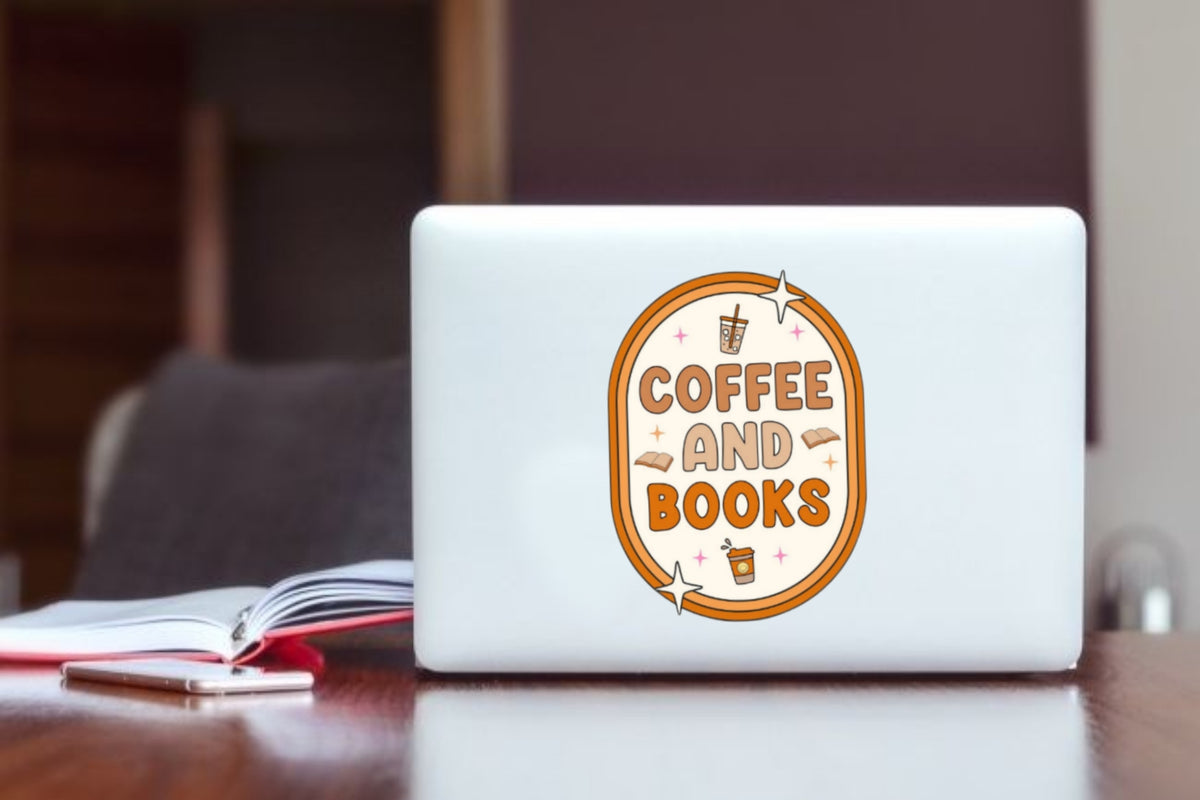 Coffee and Books" Retro Aesthetic Sticker, Bookish Quote Vinyl Decal, Waterproof Laptop Sticker for Kindle, Water Bottles, Reading Journal, Reader Gift