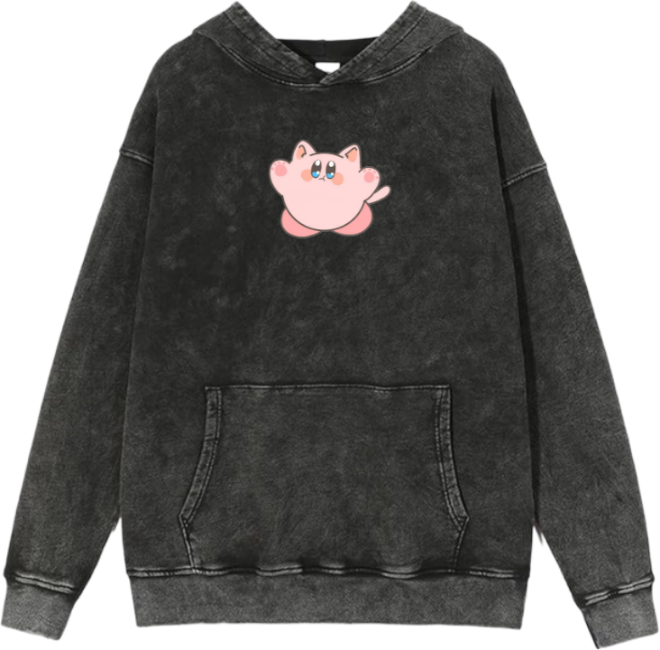 Cute Pink Anime Kirby Character Graphic Vintage Washed Hoodie for Women and Men, Kawaii Cartoon Dark Grey Pullover Sweatshirt 18