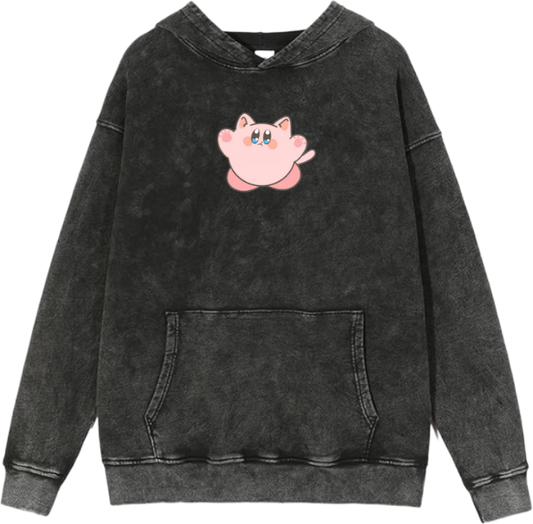 Cute Pink Anime Kirby Character Graphic Vintage Washed Hoodie for Women and Men, Kawaii Cartoon Dark Grey Pullover Sweatshirt 18
