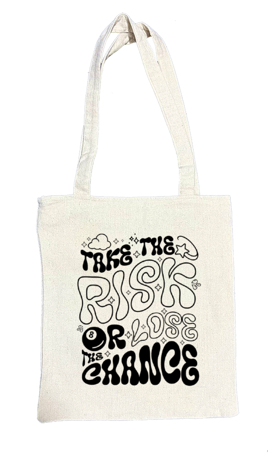 RISK Back text tote bag beige 18