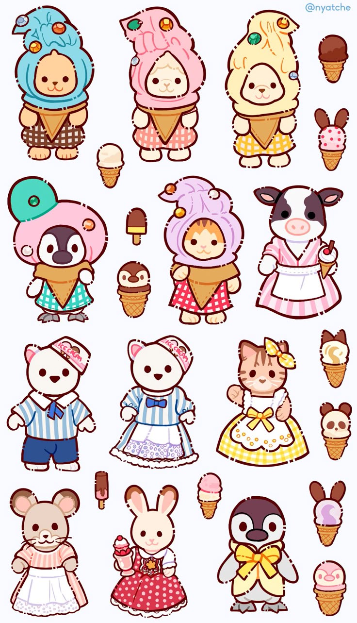 Kawaii Ice Cream Animal Stickers Pack, Cute Aesthetic Stickers for Journaling, Scrapbooking, Water Bottles, Laptop, and Planner Decals (Sylvanian Family Vibe)