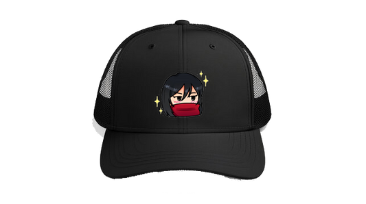 Baseball cap Black A girl with short black hair and a red scarf covering her mouth 242