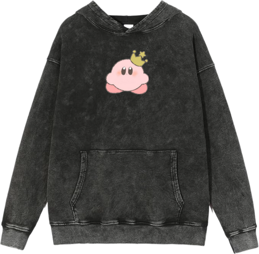Cute Pink Anime Kirby Character Graphic Vintage Washed Hoodie for Women and Men, Kawaii Cartoon Dark Grey Pullover Sweatshirt 19