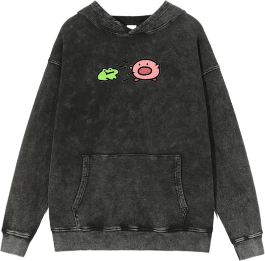 Cute Pink Anime Kirby Character Graphic Vintage Washed Hoodie for Women and Men, Kawaii Cartoon Dark Grey Pullover Sweatshirt