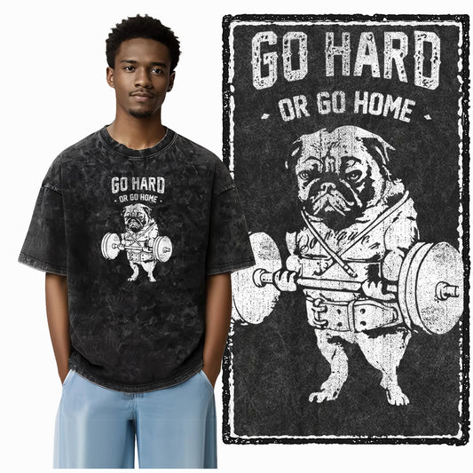 Go Hard Or Go Home Workout Gym T-Shirt Washed Oversized for Men Women, Vintage Fitness Bodybuilding Graphic Tee, Casual Short Sleeve Charcoal Top